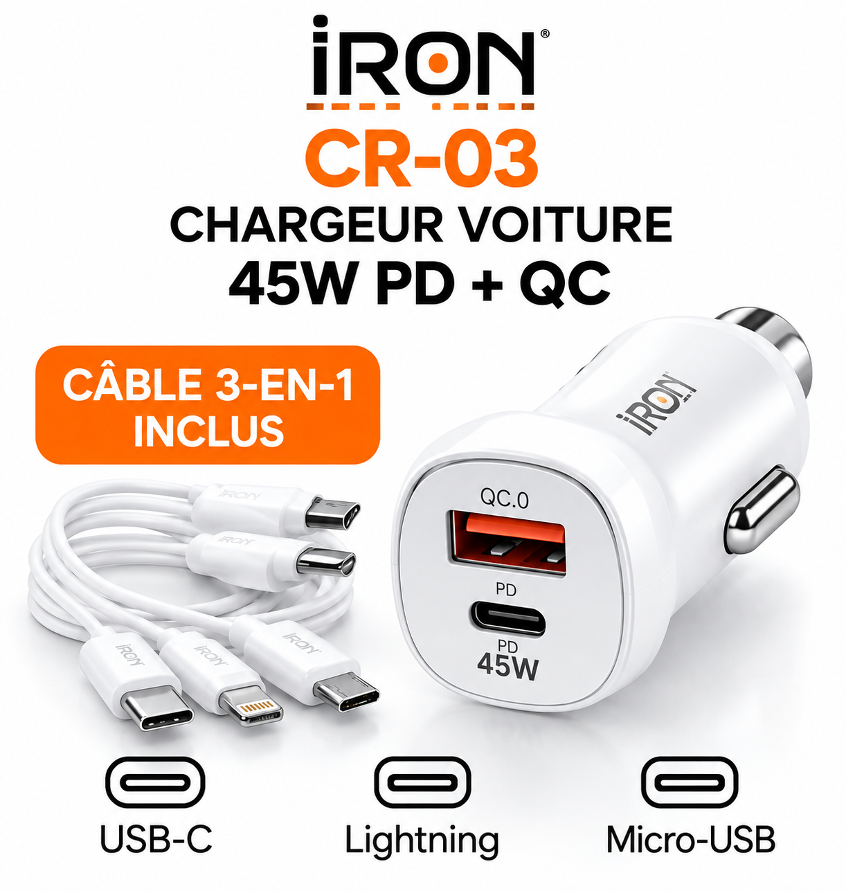 Chargeur IRON CR-03 avec ports USB-C et USB-A