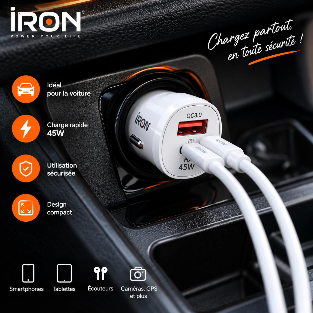 Chargeur voiture 45W avec câble 3-en-1