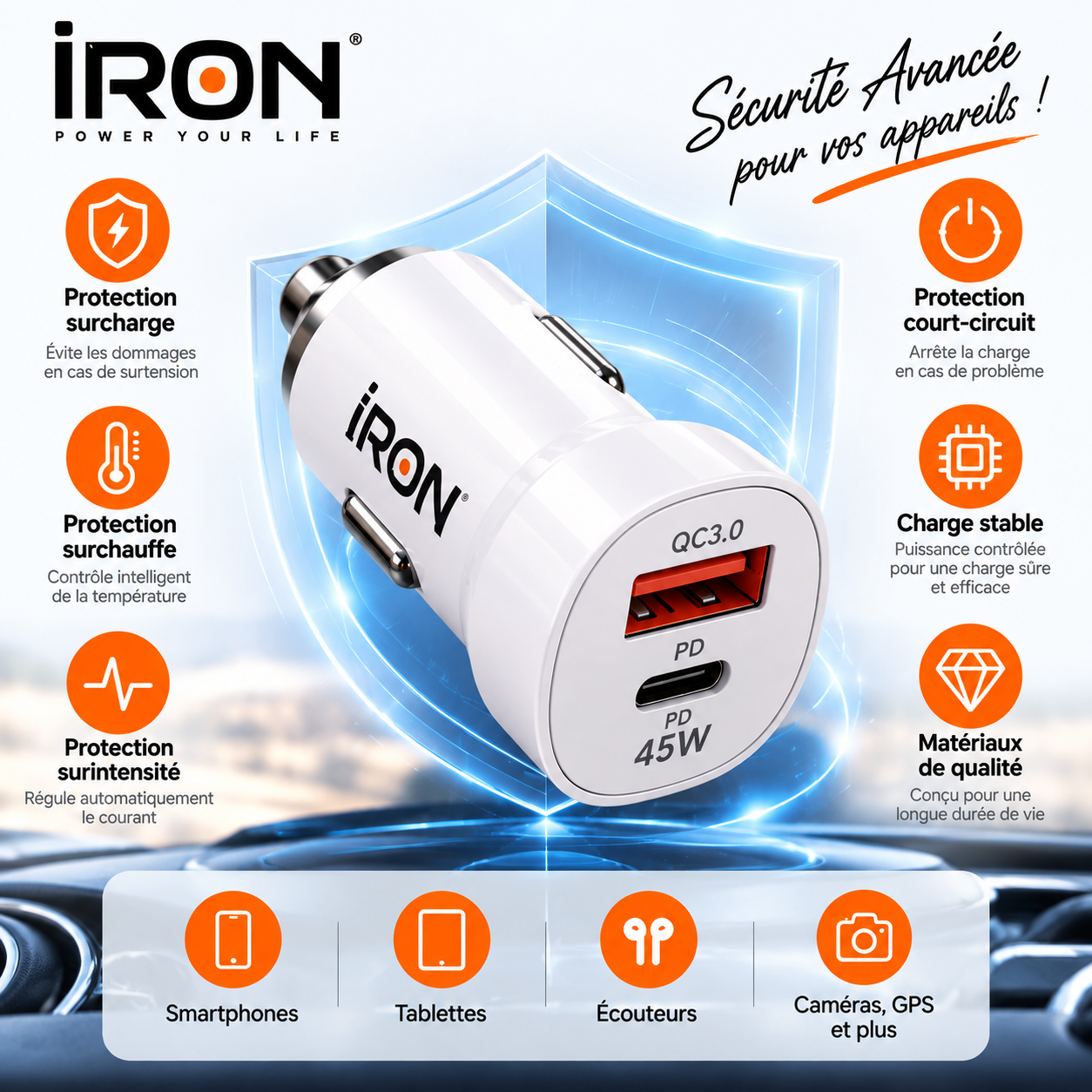 Chargeur voiture 45W IRON CR-03 avec câble inclus